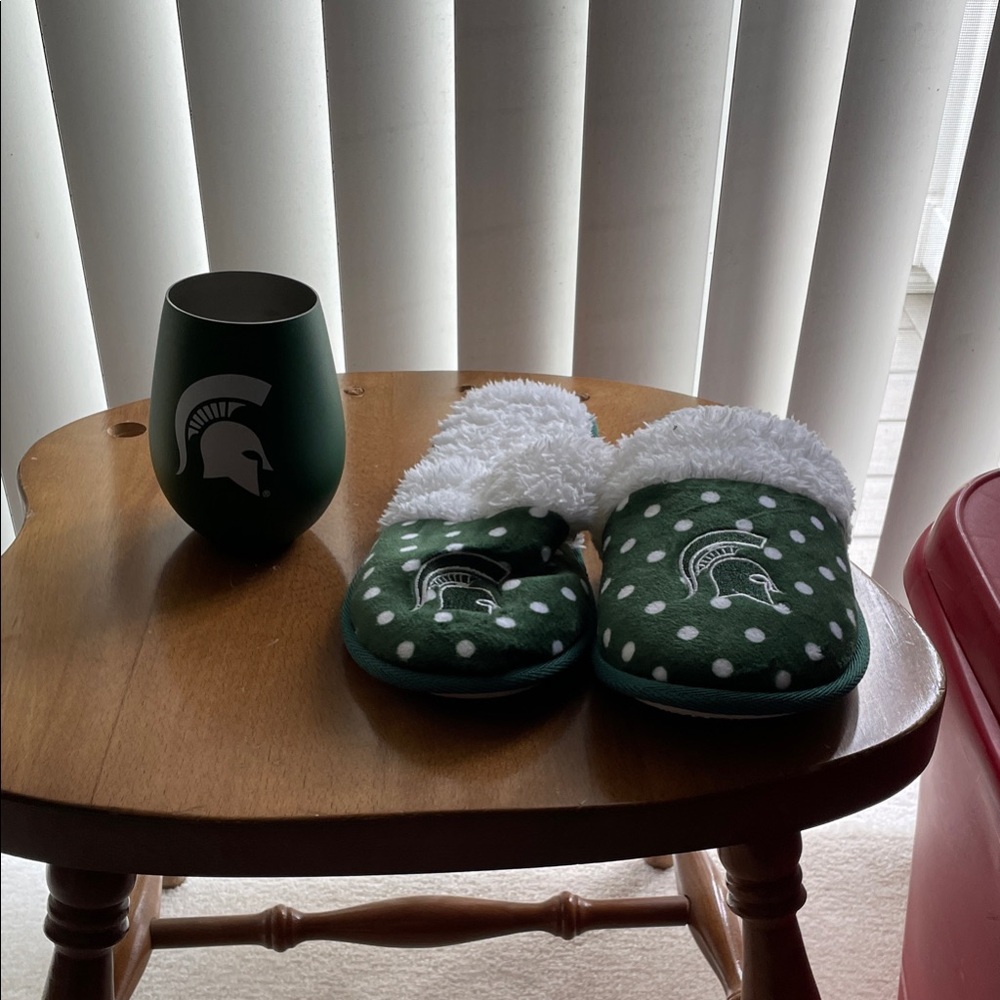 Michigan State University Green Polka Dot Slippers and Stainless Steel wine set